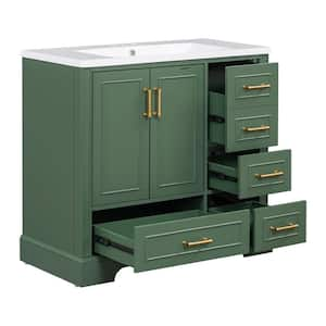 36 in. W x 18 in. D x 34 in. H Single Sink Freestanding Bath Vanity in Green with White Resin Top