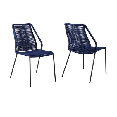 Clip Steel Stackable Indoor Outdoor Dining Chair with Blue Rope (Set of 2)