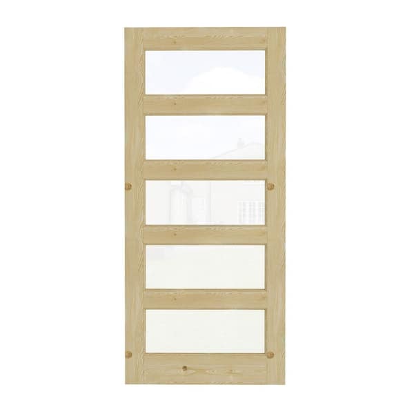 36 in. x 80 in. Modern Universal/Reversible 5-Lite Tempered Clear Glass Unfinished Pine Wood Front Door Slab