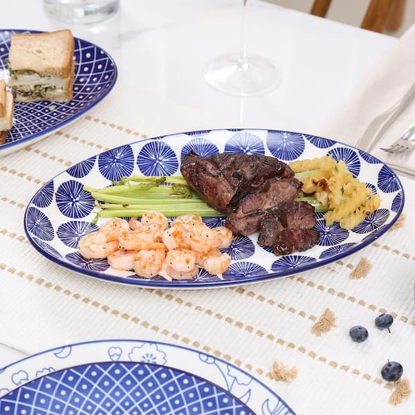 4-Pc Vintage Blue Oval Ceramic Serving Set-12 in. Platters for
