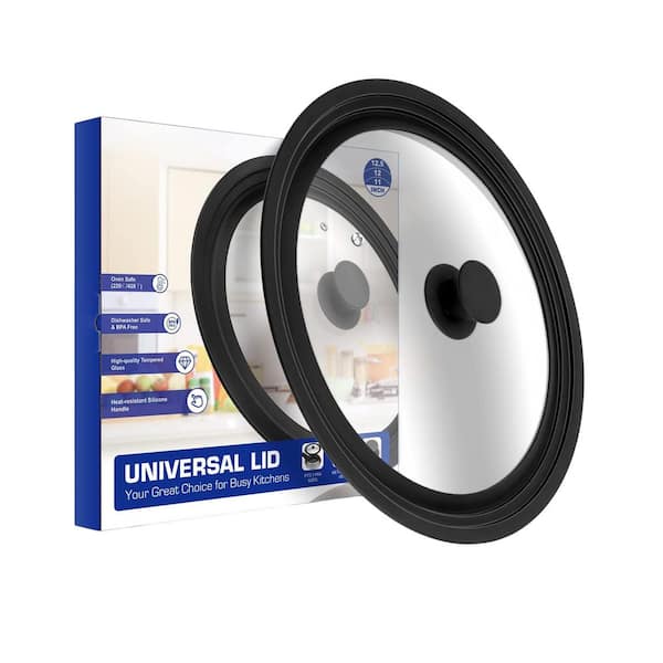 Tempered Glass Universal Lid with Heat Resistant Silicone Rim, Clear Finish, Fits 11-12.5 in Cookware, Set