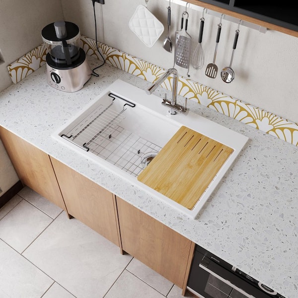 33 in. Drop-in Single Bowl Fireclay Workstation Kitchen Sink with Drying Rack and Cutting Board-Includes Accessories
