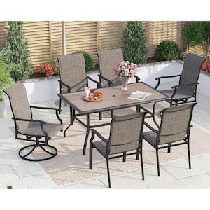 Black 7-Piece Metal Outdoor Dining Set with Padded Swivel Rocker Texitilene Chair and Wood-look Tabletop