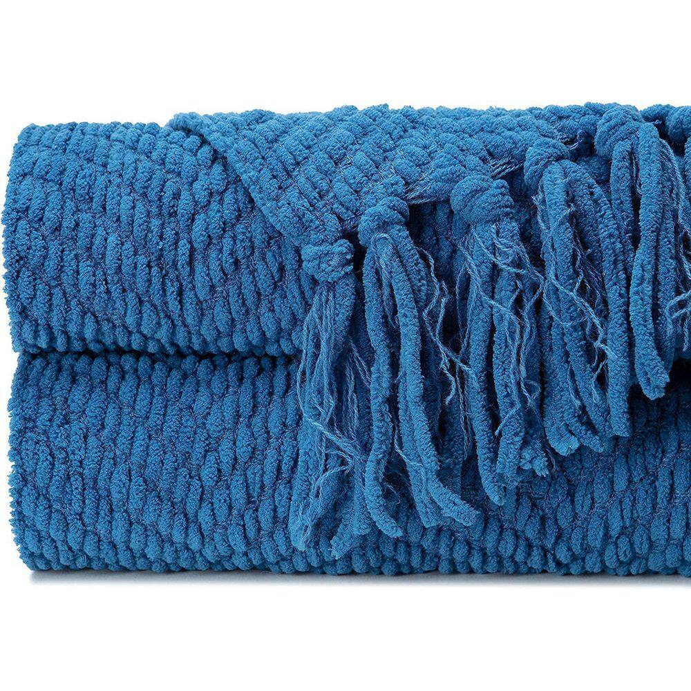Cerulean Blue Knitted Acrylic Throw Blanket with Tassels - 50" x 65"