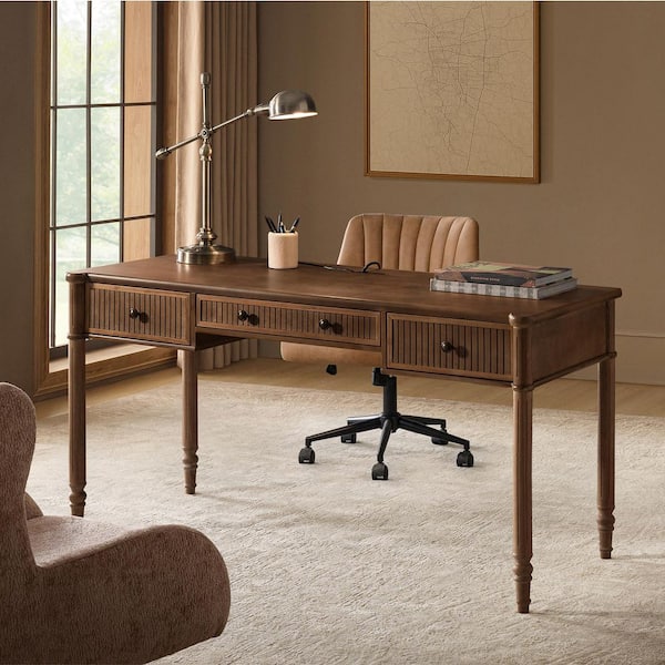 Roland 60 in. Rectangle Walnut Wood 3-Drawers Desk with Charging Station