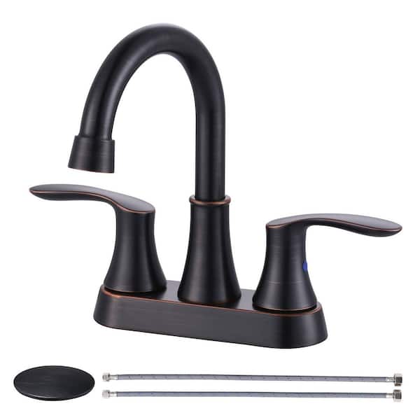 4 in. Centerset Double Handle High Arc Bathroom Sink Faucet with Pop Up Drain and Water Hose in Oil Rubbed Bronze
