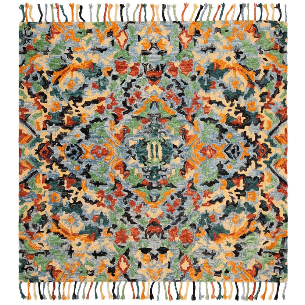 Handmade Blue Multicolor Tufted Wool Square Rug, 8' x 8'
