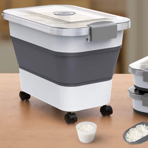 3-Piece 30 lb Collapsible Airtight Dry Food Dispensers with Clear Lid and Wheels for Flour Cereal Grain Food Storage