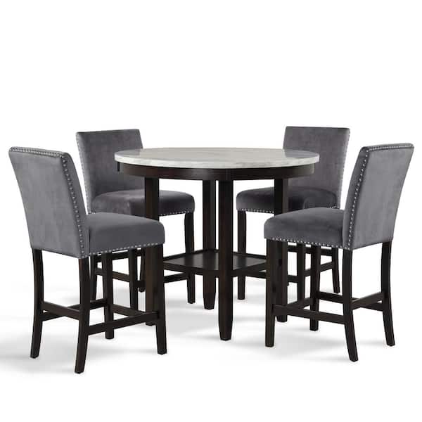 New Classic Furniture Celeste 5-Piece Wood Top Round Counter Set, Gray & Espresso
