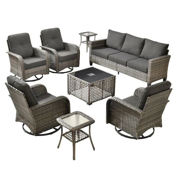 Scarlet 8-Piece Wicker Outdoor Furniture Patio Conversation Sofa Set with Swivel Chairs, a LED Table and Black Cushions