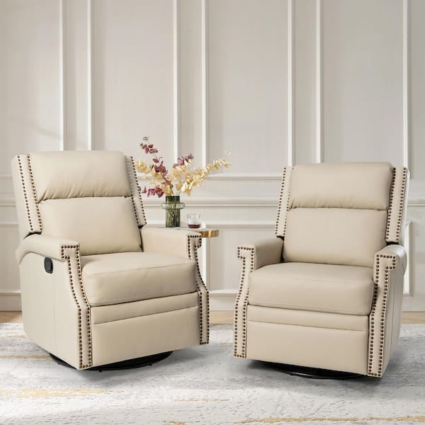 JAYDEN CREATION Dryope Beige Genuine Leather Nursery Swivel Rocker Recliner with Nailhead Trim (Set of 2)