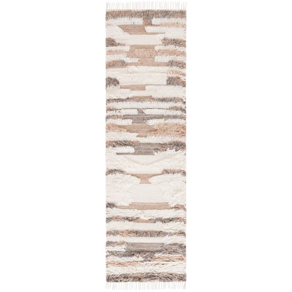 Kenya 2 ft. x 8 ft. Ivory/Brown Striped High-Low Fringe Runner Rug