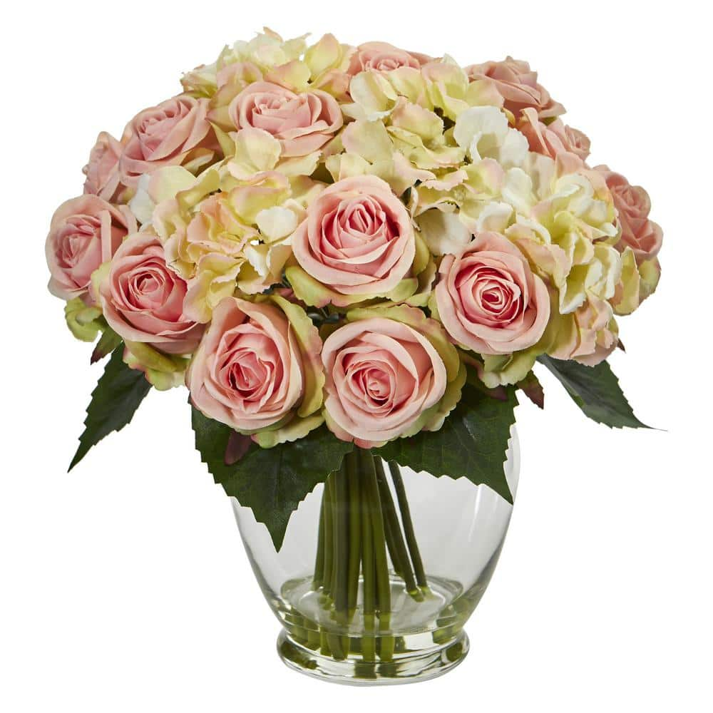 Nearly Natural Indoor Rose and Hydrangea Bouquet Artificial Arrangement ...