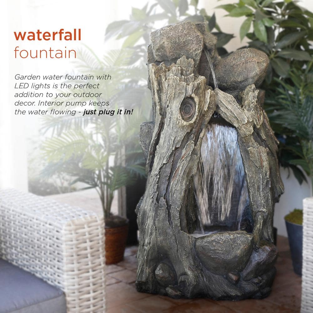 52" Taupe Resin Waterfall Tree Trunk Fountain with LED Lights