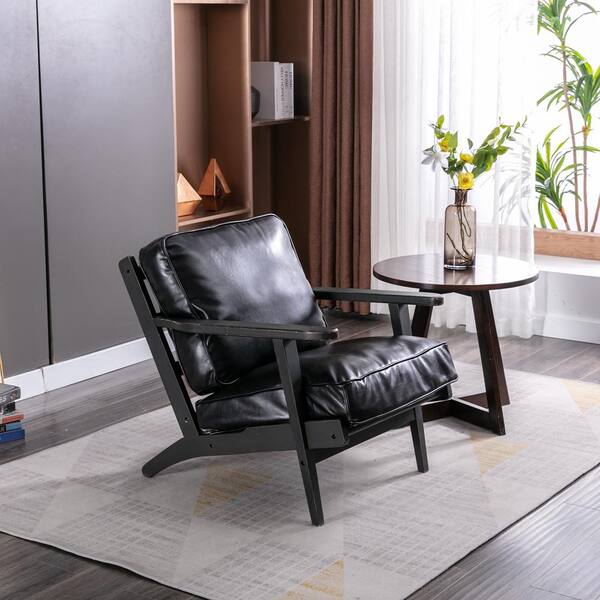 ATHMILE Black Mid-Century PU Leather Solid Wood Accent Chair with Removable Cushion (Set of 1)