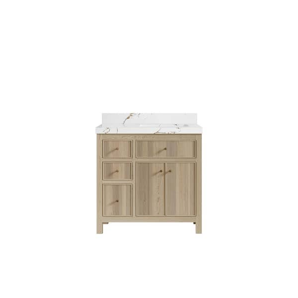 Willow Collections Sonoma Oak 36 in. W x 22 in. D x 36 in. H Single Right Offset Sink Bath Vanity White Oak with 2 in. Viola Brown Qt. Top