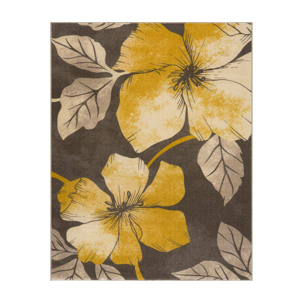 VillaDecor Yellow/Brown 5 ft. x 7 ft. NonSkid Floral Area Rug SOL100