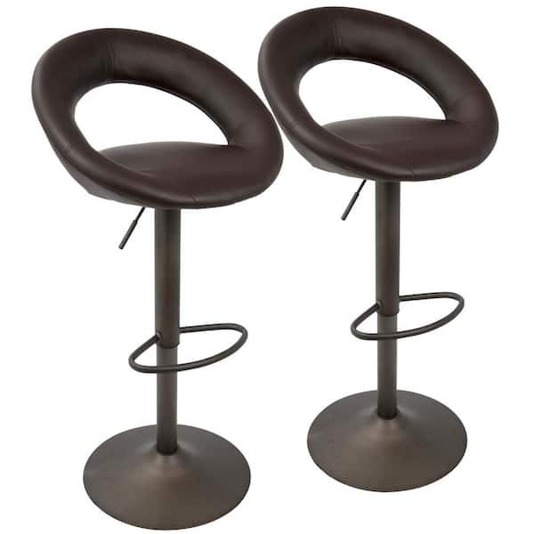 Lumisource Metro Adjustable Height Bar Stool in Antique Metal and Brown Faux Leather (Set of 2)
