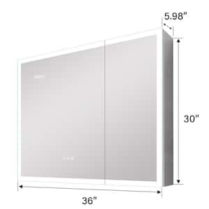 36 in. W x 30 in. H Silver Aluminum Surface Mount LED Bi-View Medicine Cabinet with Mirror Time Display and Outlet