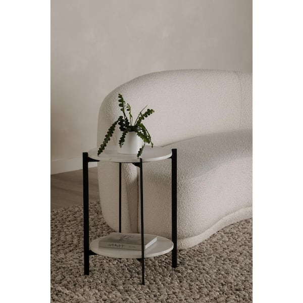 Paxton 18 in. White Marble Round Accent Table with Matte-Black Iron Base