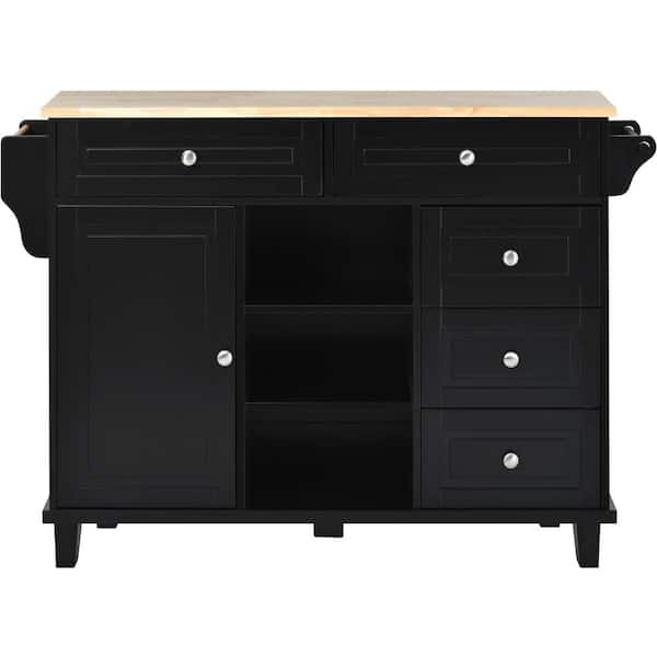 Boosicavelly Black Rubber Wood MDF Kitchen Cart with Adjustable Shelf and Spice Rack