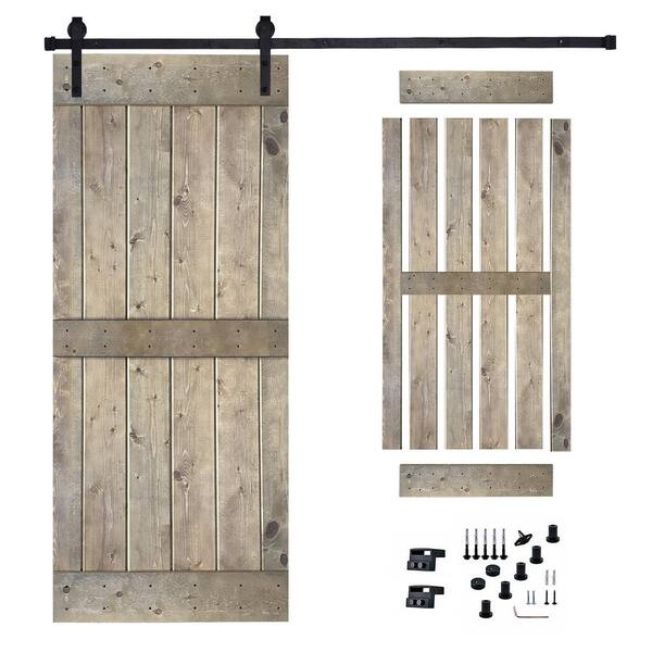 Akicon 36 in. x 84 in. Dark Walnut Painted Wood Sliding Door with Hardware Kit, Pre-Drilled Ready to Assemble