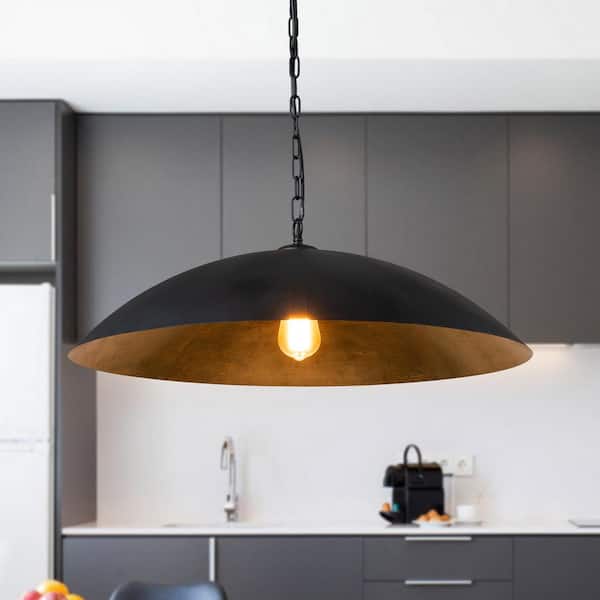 HUOKU PCover 27.6 in.W 1-Light Dome Black and Dark Gold Foil Pendant Light Modern Transitional Hanging Light