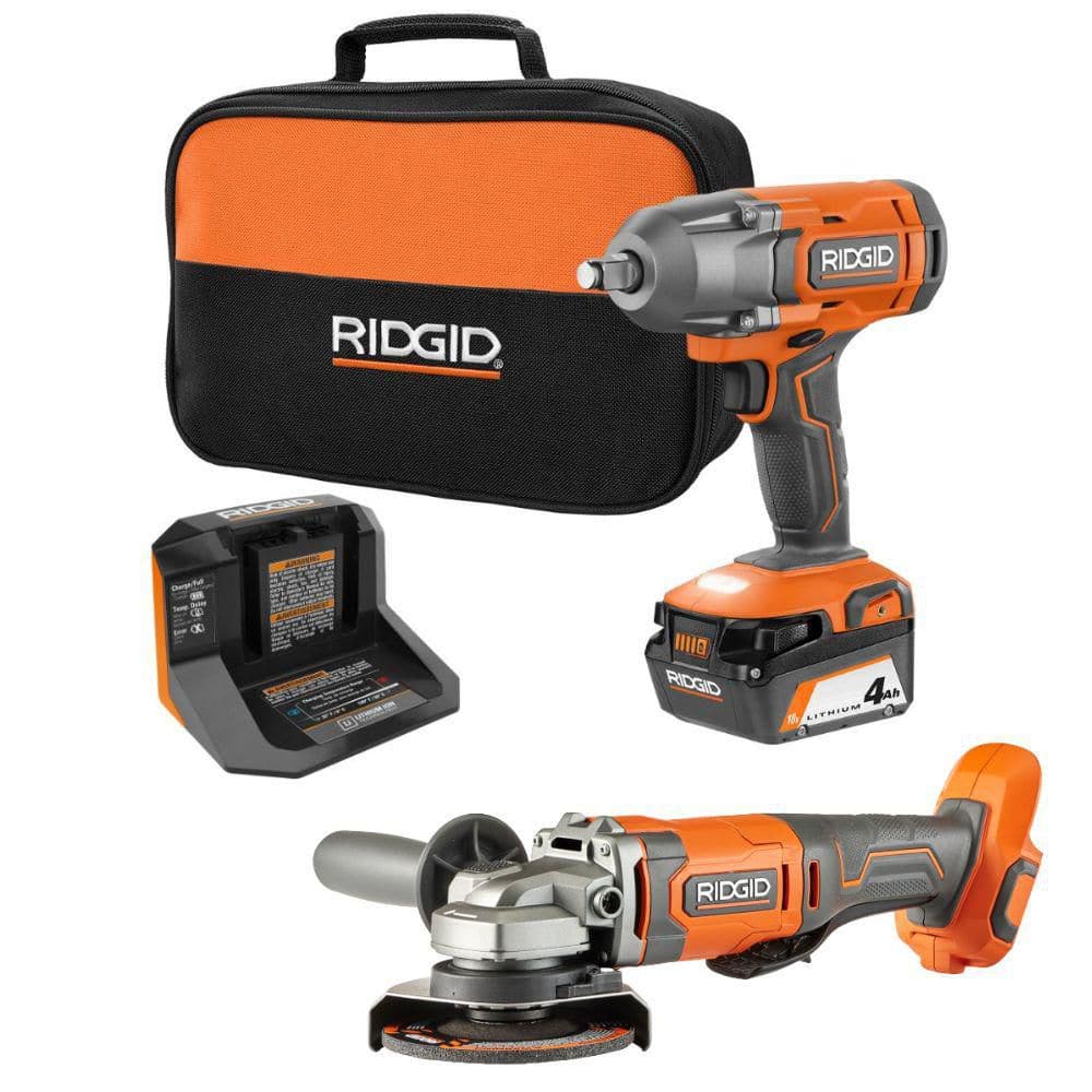 RIDGID 18V Cordless 2-Tool Combo Kit with 1/2 in. Impact Wrench Kit, 4-1/2 in. Angle Grinder, 4.0 Ah Battery, and Charger (R860451R86215K)
