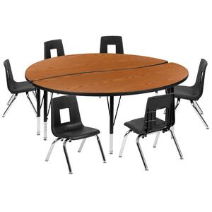 60 in. Circle Wave Collaborative Laminate Activity Table Set with 14 in. Student Stack Chairs, Oak/Black