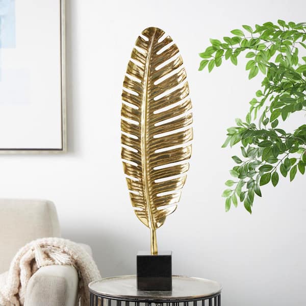 CosmoLiving by Cosmopolitan 30 in. Gold Aluminum Standing Single Leaf Sculpture with Black Marble Base