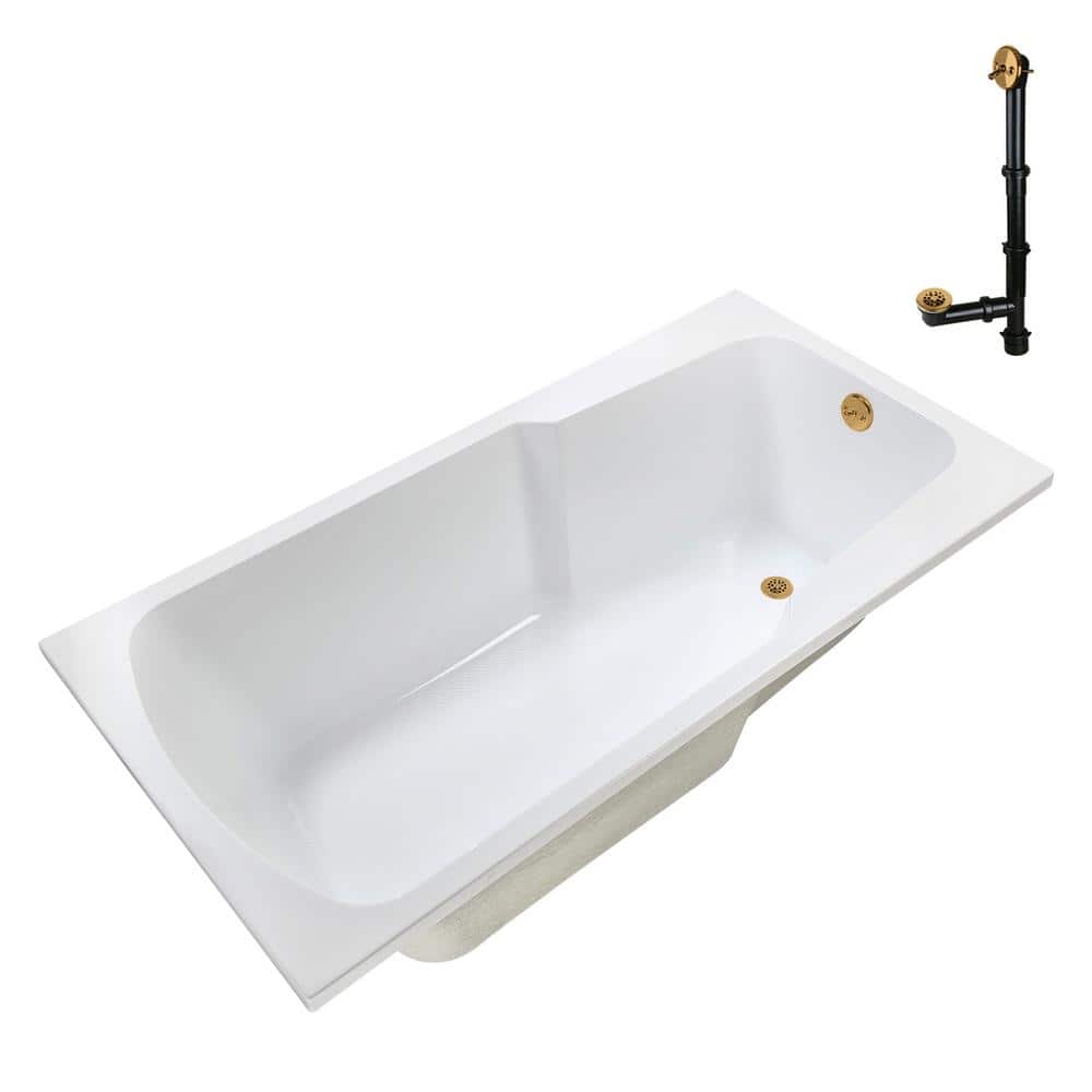 72'' Glossy White Acrylic Soaking Drop-In Bathtub with Brushed Gold Hardware