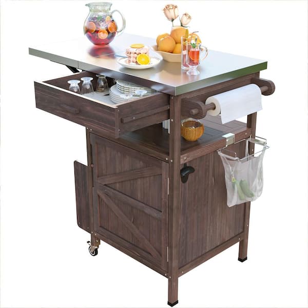 Unbranded - 40.5 in. Brown Outdoor Grill Cart with Stainless Steel Top