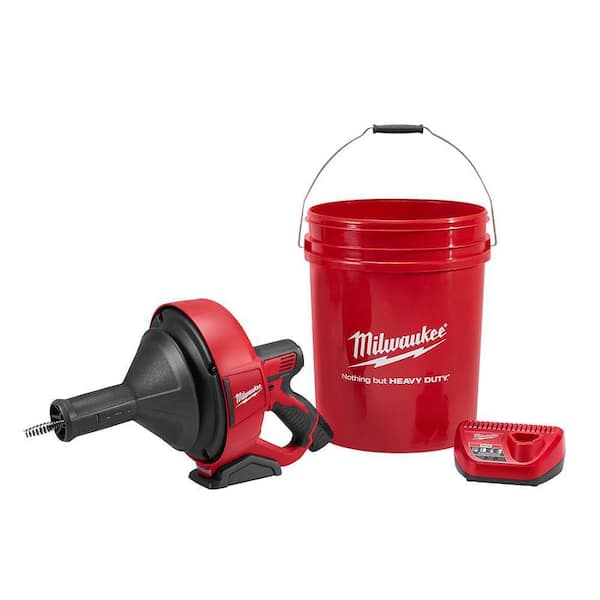 Milwaukee M12 12-V Lithium-Ion Cordless Drain Snake Auger W/ (1) 1.5Ah Battery, 5/16 in. x 25 ft. Cable, Charger, & 5 Gal. Bucket