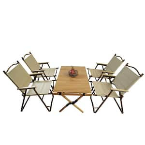 5-Piece Natural Wood Aluminum Foldable Portable Outdoor Dining Set, 1 Dining Table, 4 Folding Chairs