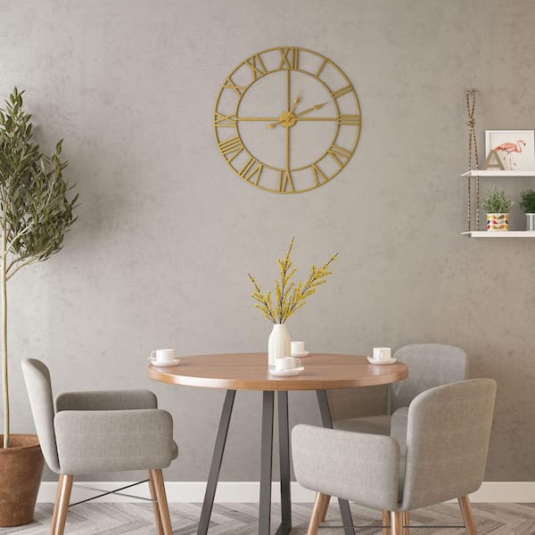 Large Modern Metal Wall Clocks Rustic Round Nearly Silent Little Ticking Battery Operated, Gold