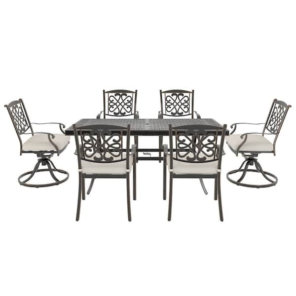 Mondawe 7-Piece Cast Aluminum Outdoor Dining Set with Rectangle Table Flower-Shaped Backrest Swivel/Dining Chair & Beige Cushion