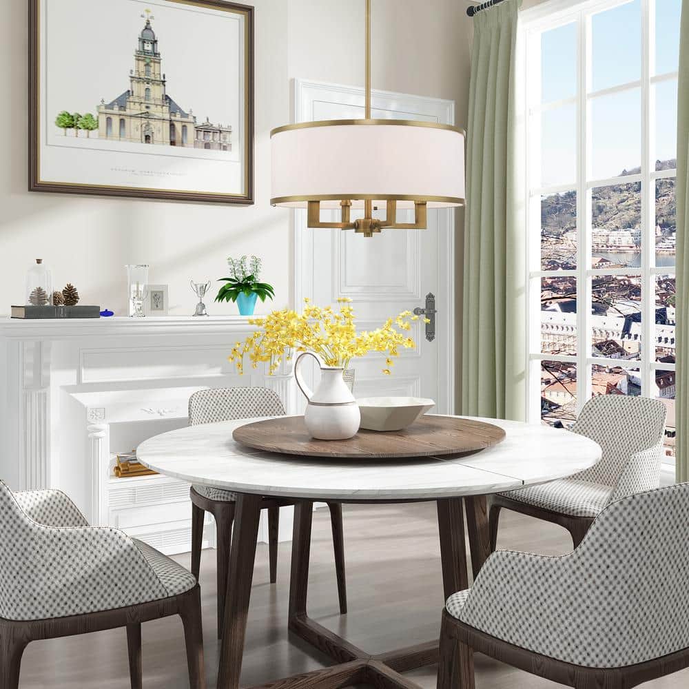 Mini Drum 4-Light Chandelier in Antique Brass with Off-White Shade