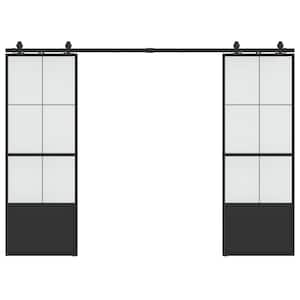 30 in. x 84 in. 3/4-Lite Frosted Glass Black Steel Frame Double Sliding Barn Door with Hardware Kit and Soft Close