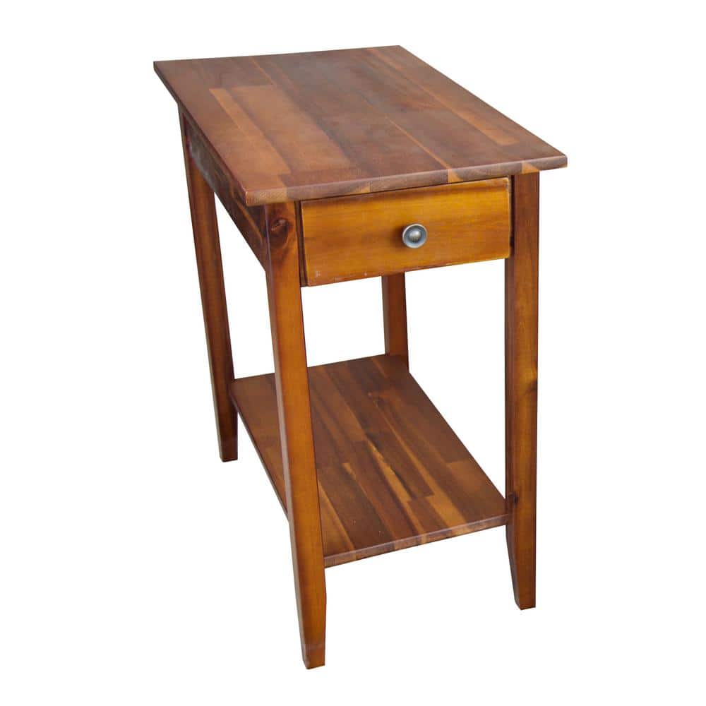 Mahogany Acacia Wood End Table with Drawer and Shelf