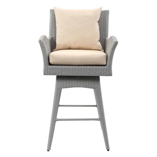 SAFAVIEH Hayes Grey Swivel Wicker Outdoor Bar Stool with Beige Cushion