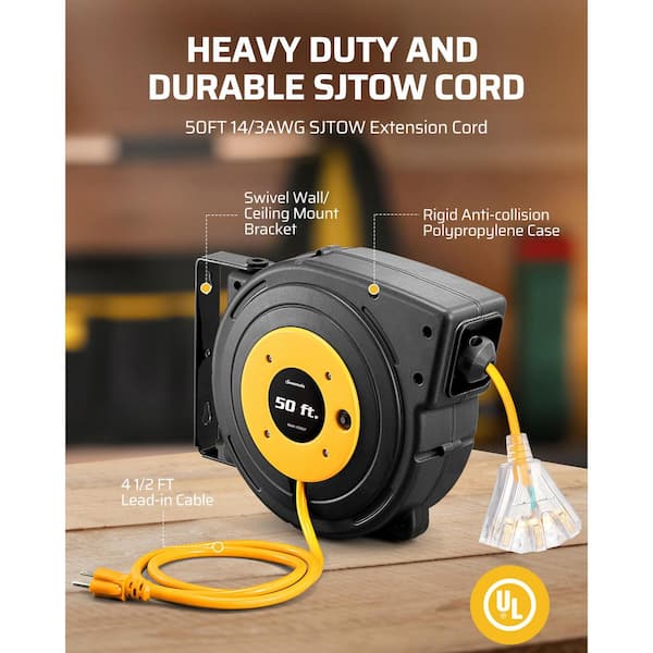 50 ft. 14/3 SJTOW 13 Amp Retractable Extension Cord Reel with 3-Lighted Triple Outlets, Yellow