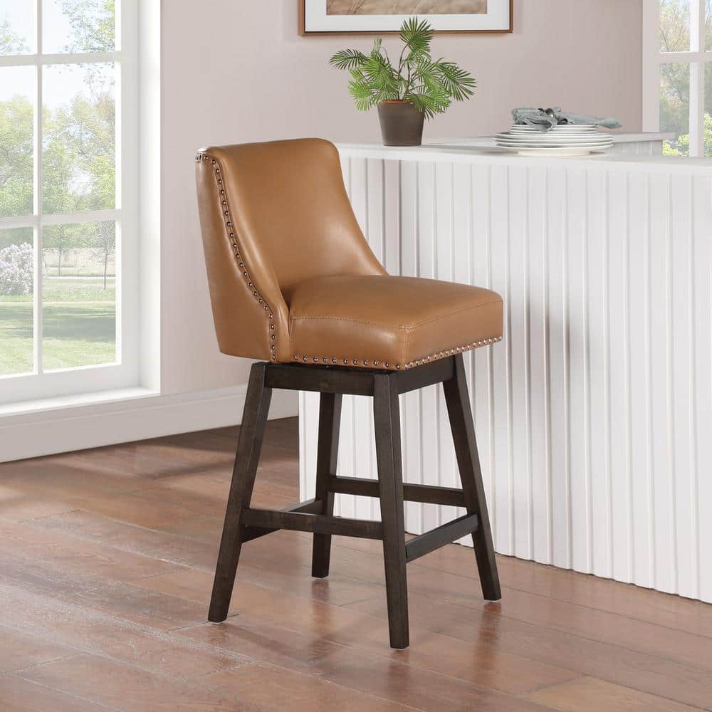 Granville 26" Camel Faux Leather Swivel Counter Stool with Wood Frame