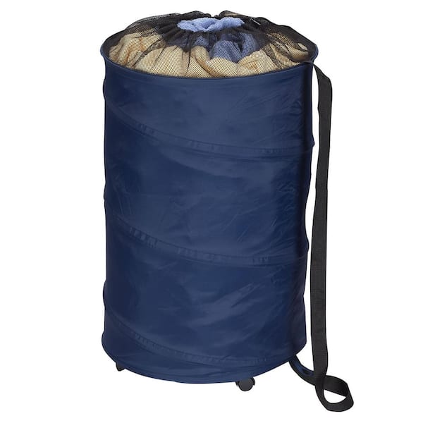HOUSEHOLD ESSENTIALS Pop Up Polyester Laundry Hamper with Wheels in Navy Blue