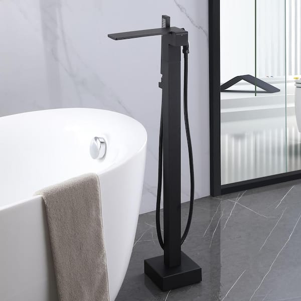 Tomfaucet Single-Handle Floor Mount Waterfall Freestanding Tub Faucet with Hand Shower in Matte Black
