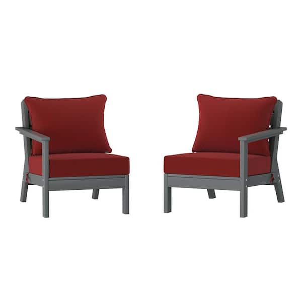 Birchwood Gray Arrangeable Outdoor Patio 2-Piece Deep Seating HDPE Loveseat Arm Chair Set with Red Cushions