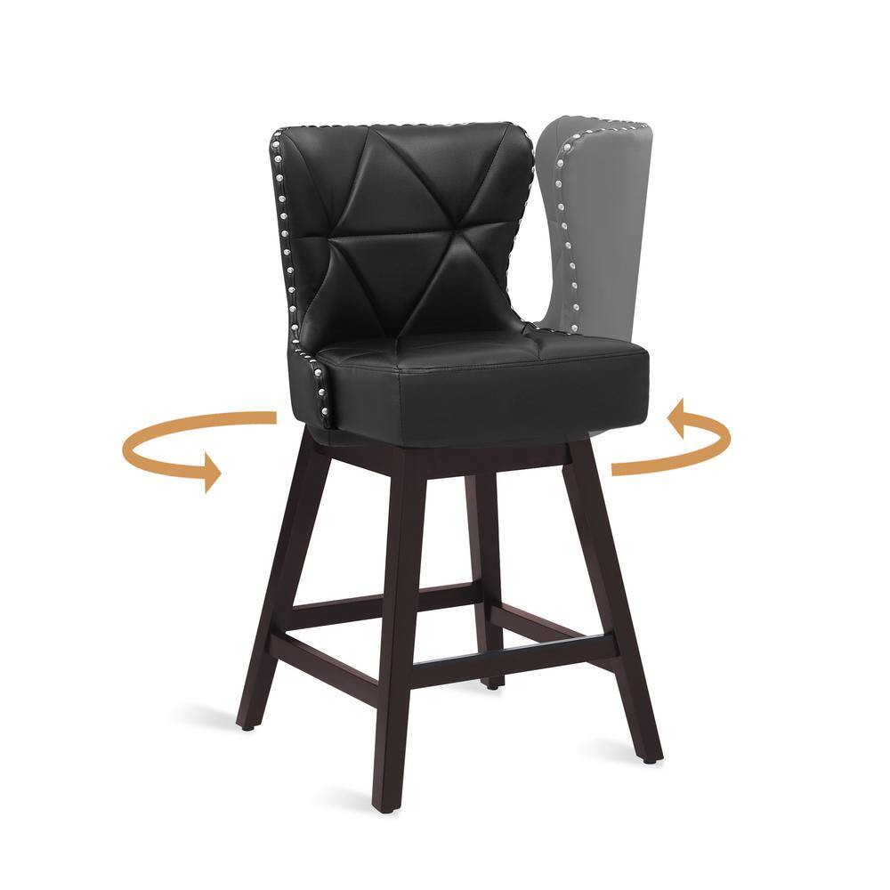 Black Faux Leather Swivel Counter Stools with Wood Frame, Set of 3