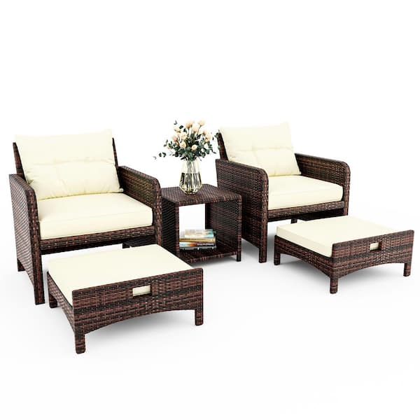 PamaPic 5-Piece Wicker Patio Furniture Set Outdoor Patio Chairs with Ottomans Beige