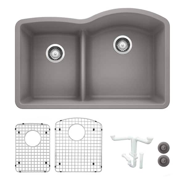 Blanco Diamond 32 in. Undermount Double Bowl Metallic Gray Granite Composite Kitchen Sink Kit with Accessories