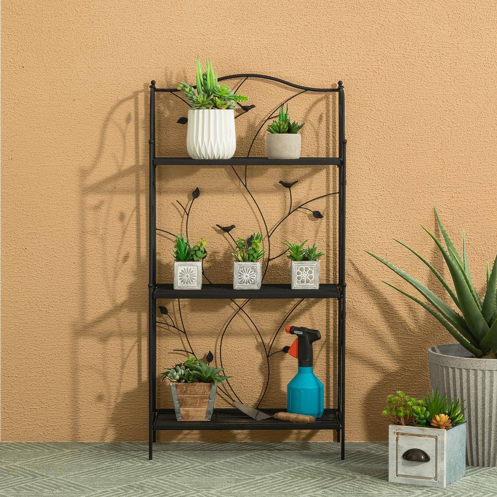 Black Metal 3-Tier Rectangular Plant Stand with Vines and Birds