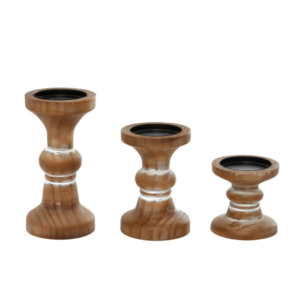 Rustic Farmhouse Brown Beaded Wood Candle Holder Set of 3